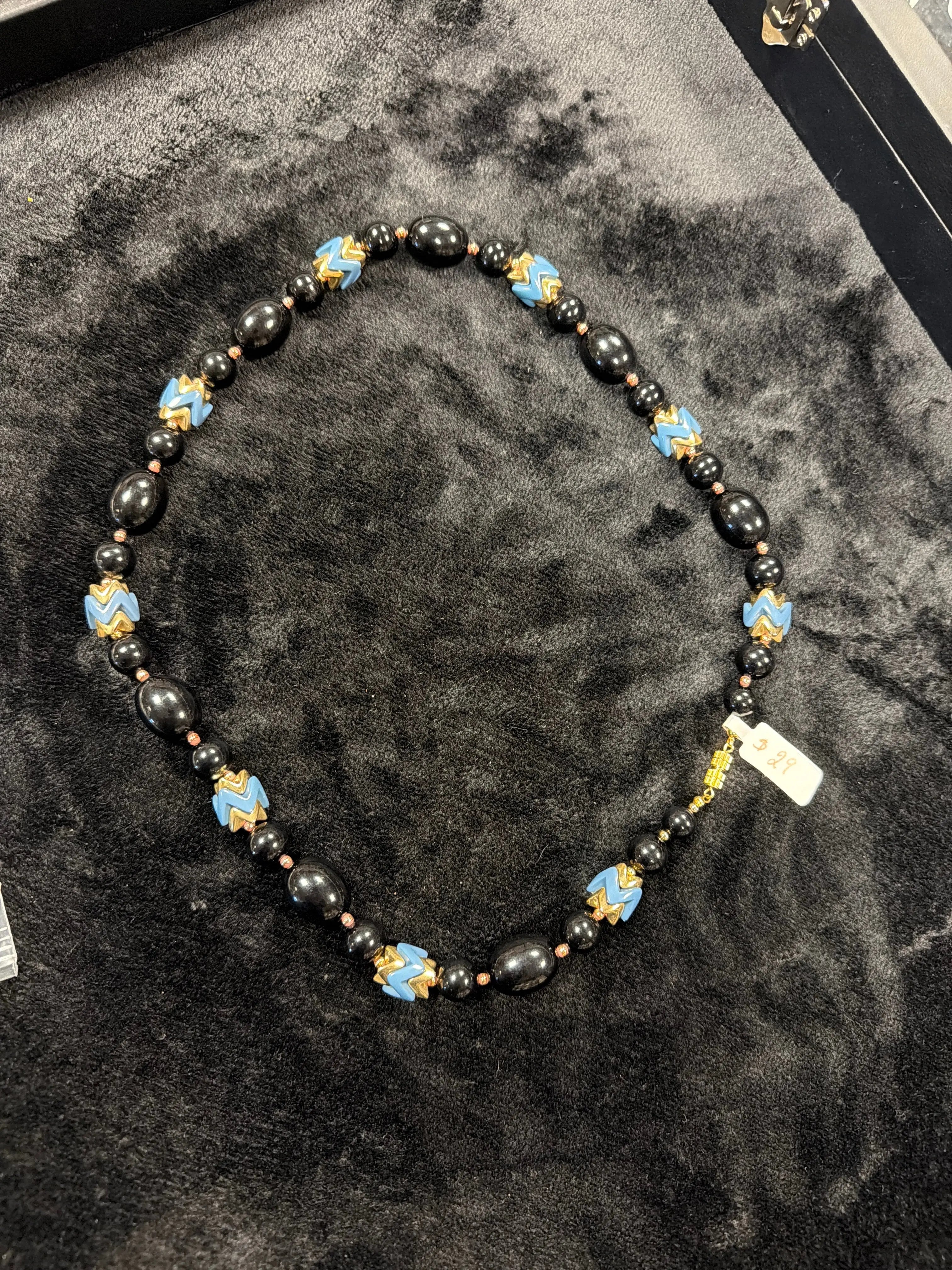 Chevron Glass & Onyx Necklace 18" Length ABC Rugs Kilims